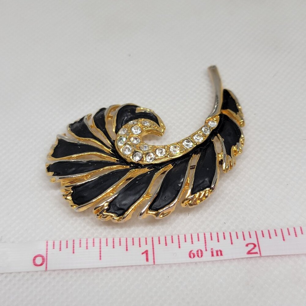VTG Feather Brooch Gold Tone Rhinestone Black Enamel High End 2in x 2in - Picture 5 of 9